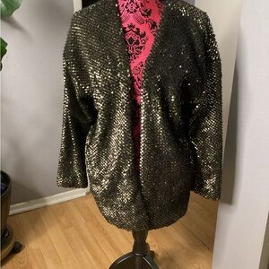 Express Black and Gold Sequin Blazer with Open Front and Relaxed Fit M/L